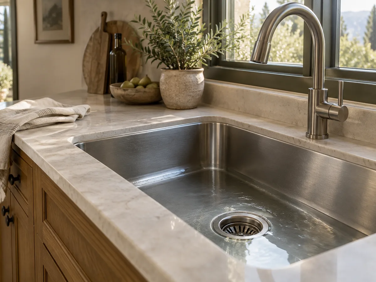 Shallow standing water around a residential kitchen sink drain