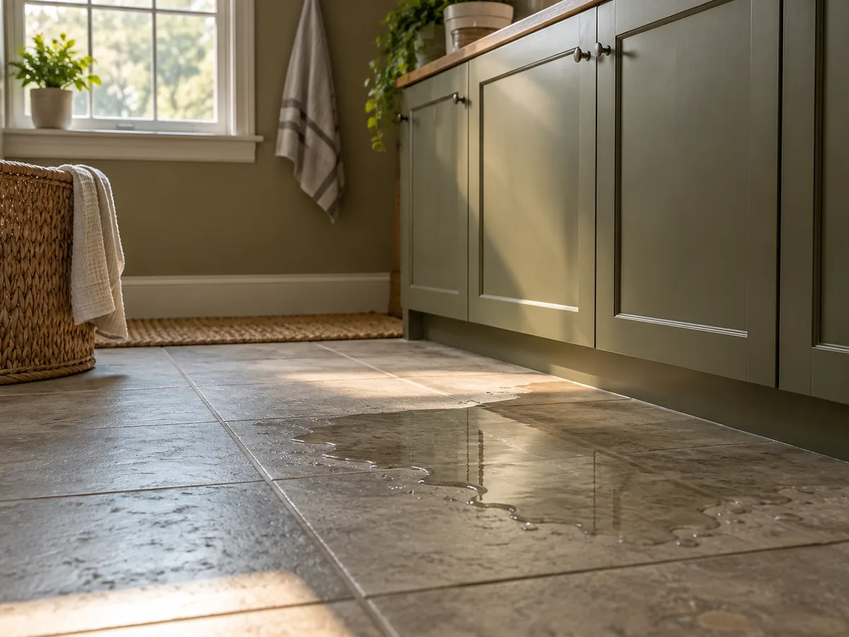 Small water puddle on a residential laundry-room tile floor