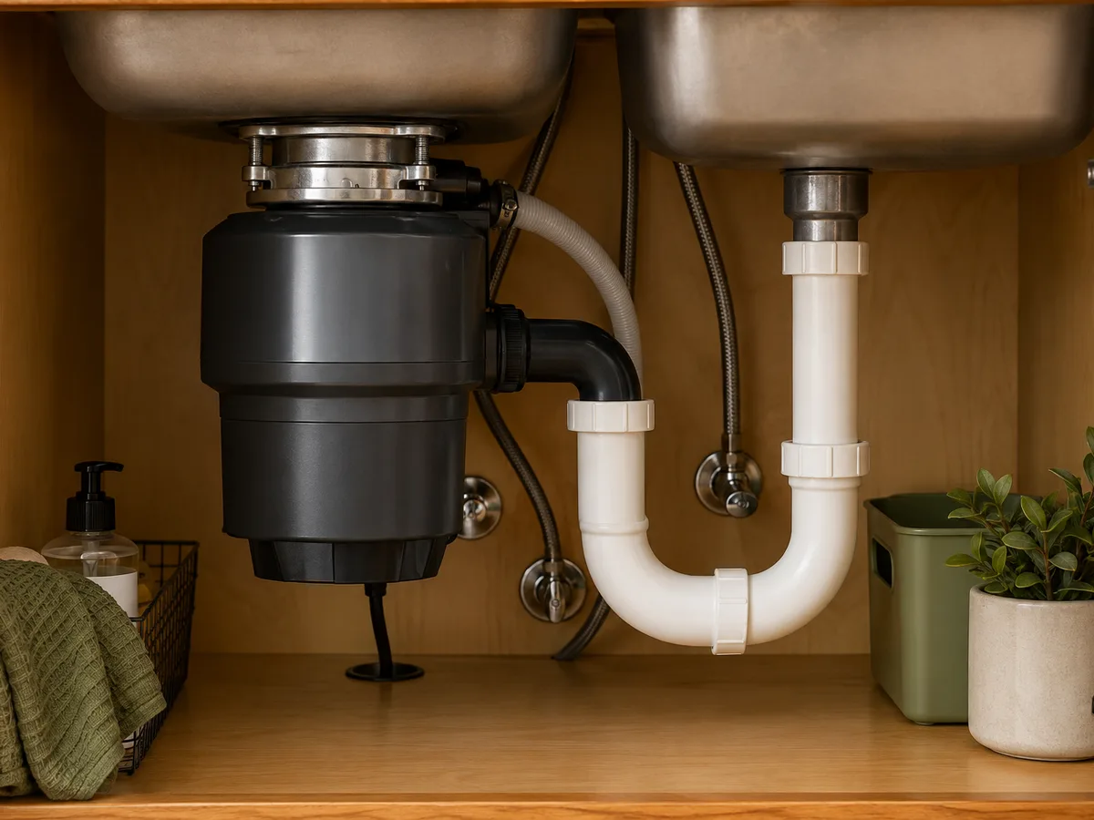 Garbage disposal and drain plumbing beneath a kitchen sink
