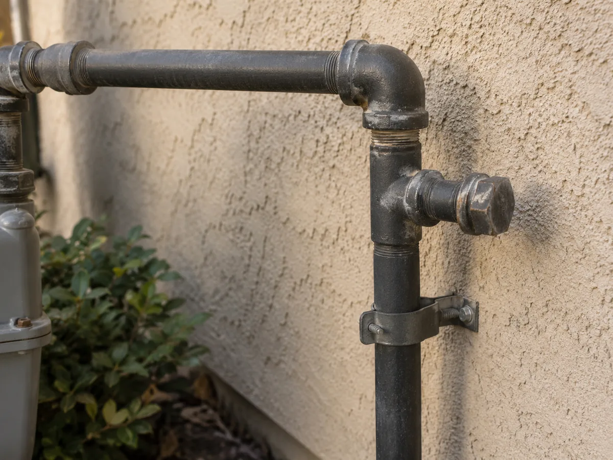 Intact black steel gas piping against an exterior stucco wall