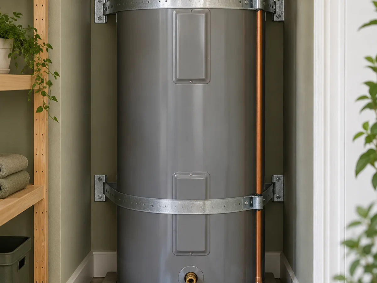 Upright residential water heater secured in a utility alcove