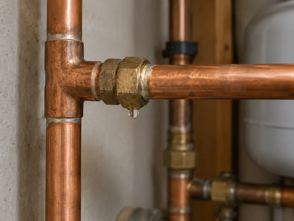 Copper water-supply joint with a visible droplet
